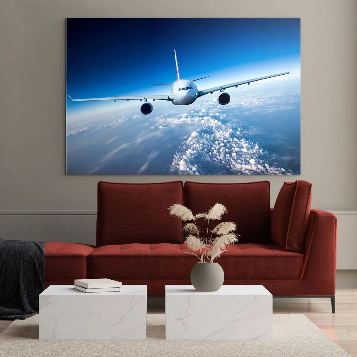 Glasbild - Bild auf glas - Ein Passagierflugzeug vor blauem Himmel und Wolken - 100x70cm - Ich fliege, weil ich es kann - Moderne Wanddekoration für Wohnzimmer und Schlafzimmer ARTTOR