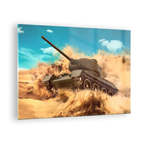 Glasbild - Bild auf glas - Ein Panzer in Bewegung in einer Wüste mit Staubwolken und strahlendem Himmel - 70x50cm - Nicht zu besiegen - Moderne Wanddekoration für Wohnzimmer und Schlafzimmer ARTTOR