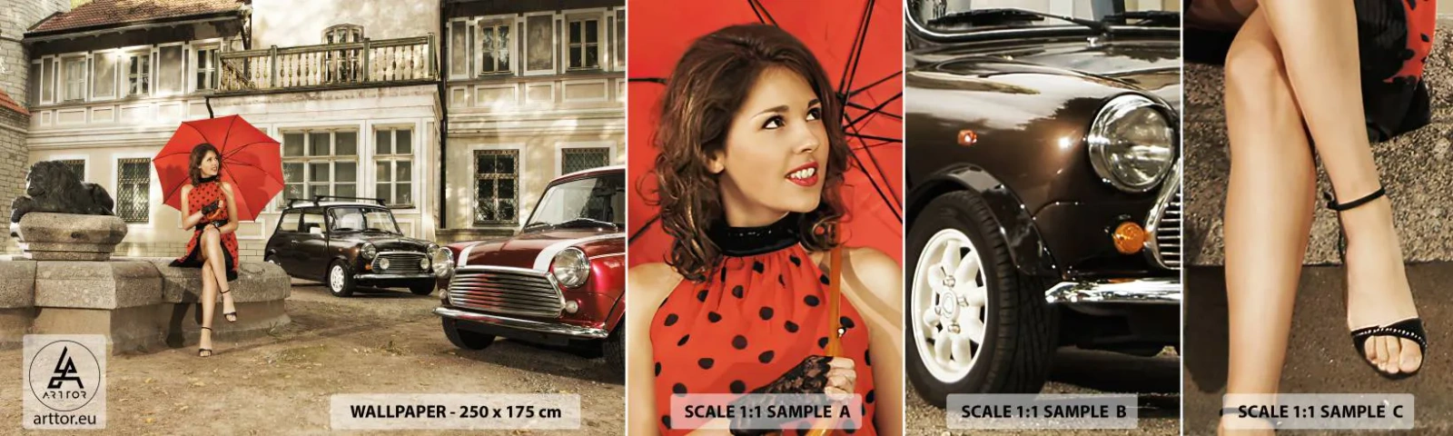 Fototapetenmuster Standard Eco - Eine sentimentale Minireise - Frau, Die Architektur, Auto - 100x30 cm