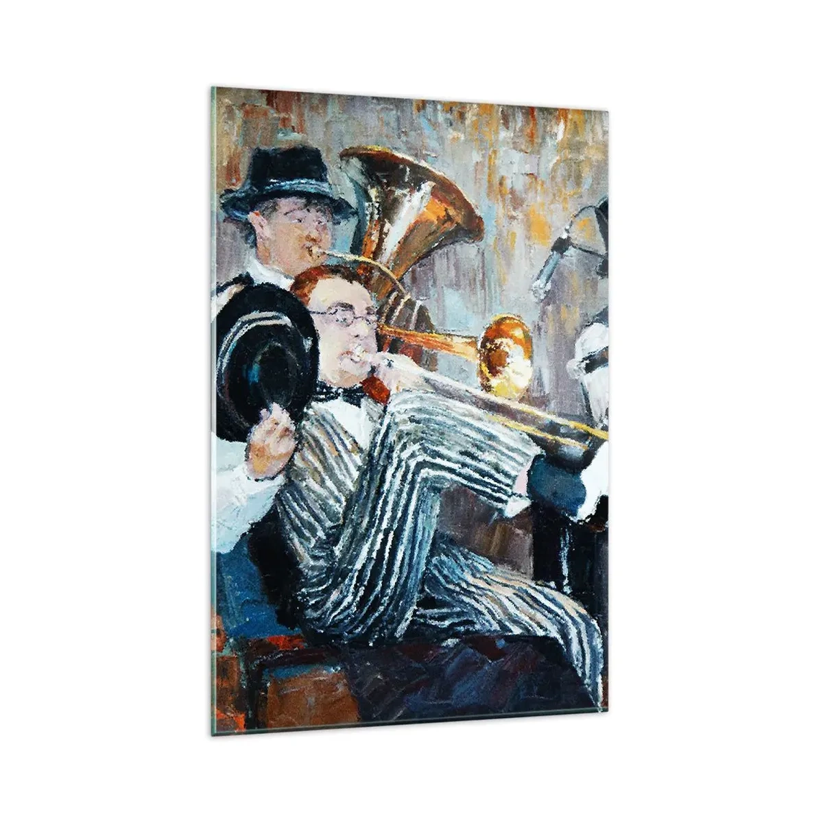 Glasbild - Bild auf glas - Jazzmusiker im malerischen Stil während eines Konzerts - 80x120cm - Der ganze Jazz - Moderne Wanddekoration für Wohnzimmer und Schlafzimmer ARTTOR