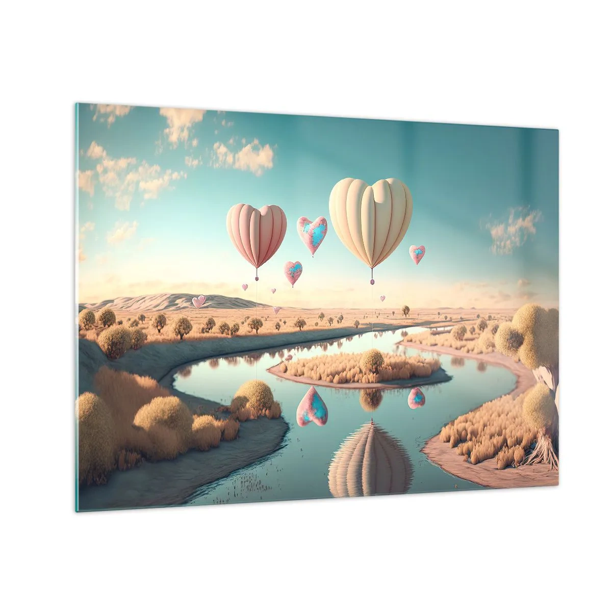 Glasbild - Bild auf glas - Herzförmige Ballons über einer Märchenlandschaft mit Fluss - 70x50cm - Dank Liebe steigt man auf - Moderne Wanddekoration für Wohnzimmer und Schlafzimmer ARTTOR