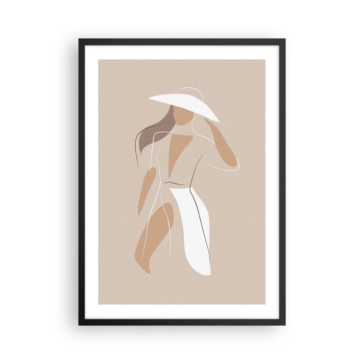 Poster in einem schwarzem Rahmen - Eine minimalistische Silhouette einer Frau mit Hut auf beigem Hintergrund. - 50x70cm - Mode macht Spaß - Moderne Wanddekoration für Wohnzimmer und Schlafzimmer ARTTOR