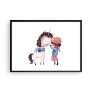 Poster in einem schwarzem Rahmen - Ein Mädchen und ein Einhorn in einer Winterlandschaft - 70x50cm - Ein Wintermärchen - Moderne Wanddekoration für Wohnzimmer und Schlafzimmer ARTTOR