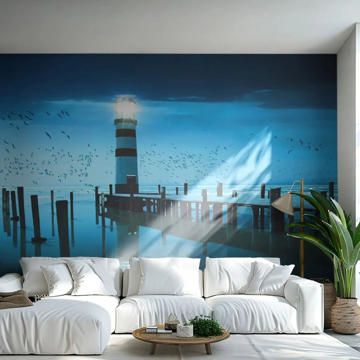 Fototapete Standard Eco - Und du hast keine Angst vor der Dunkelheit - Landschaft, Leuchtturm, Holzbrücke - 400x280 cm
