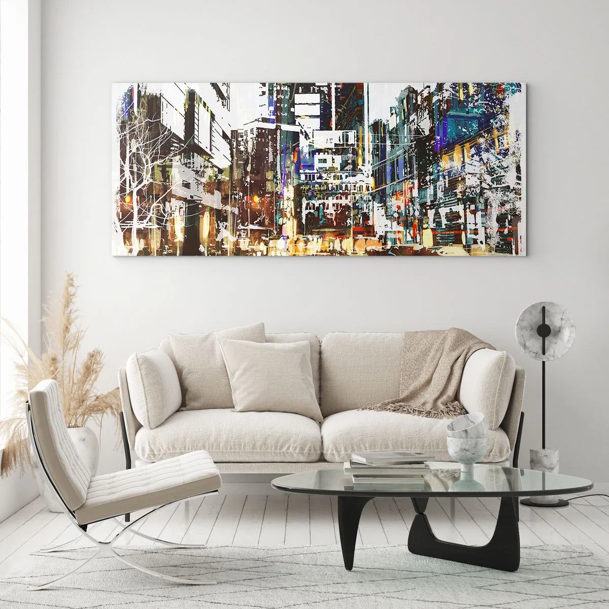 Glasbild - Bild auf glas - Eine moderne Stadtlandschaft im künstlerischen Stil - 160x50cm - Eine schillernde Stadt - Moderne Wanddekoration für Wohnzimmer und Schlafzimmer ARTTOR