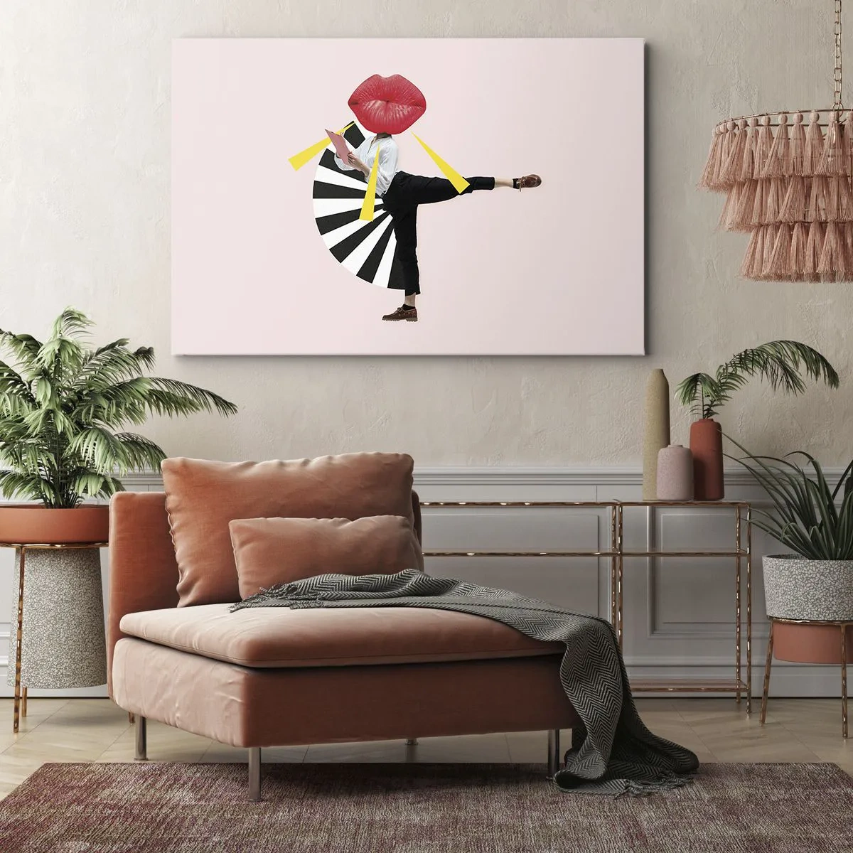 Bild auf Leinwand - Leinwandbild - Surrealistische Figur mit Mund und geometrischen Elementen - 100x70cm - Surreale Pop-Art - Moderne Wanddekoration für Wohnzimmer und Schlafzimmer ARTTOR
