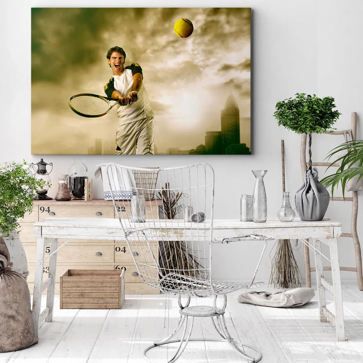 Bild auf Leinwand - Leinwandbild - Tennisspieler in Aktion während eines Spiels vor dem Hintergrund einer urbanen Landschaft - 100x70cm - Energie und Freude - Moderne Wanddekoration für Wohnzimmer und Schlafzimmer ARTTOR