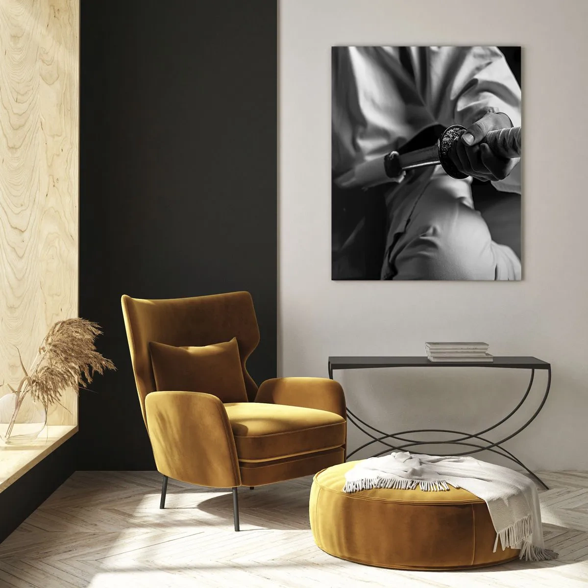 Glasbild - Bild auf glas - Ein Samurai im Kimono hält ein Katana in Schwarz und Weiß. - 70x100cm - Kriegerseele - Moderne Wanddekoration für Wohnzimmer und Schlafzimmer ARTTOR