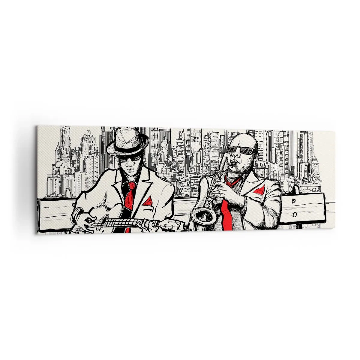 Bild auf Leinwand - Leinwandbild - Ein Jazzduo mit Saxophon und Gitarre vor der Kulisse der Stadt - 160x50cm - New Yorker Improvisation - Moderne Wanddekoration für Wohnzimmer und Schlafzimmer ARTTOR