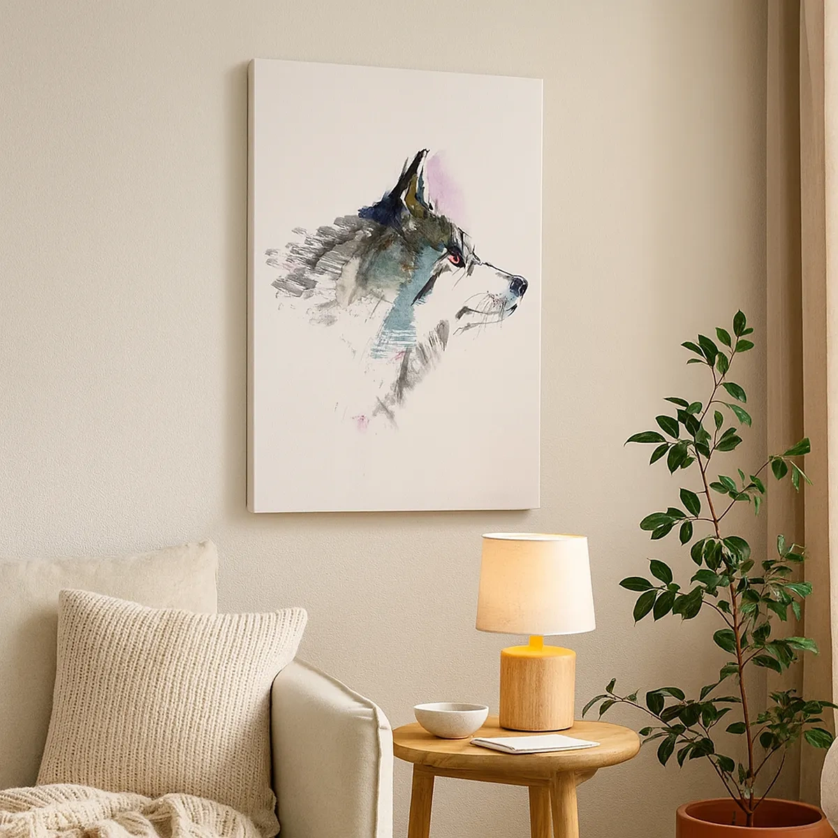 Bild auf Leinwand - Leinwandbild - Aquarellwolf im minimalistischen Stil - 50x70cm - Vom Teufel sprechen - Moderne Wanddekoration für Wohnzimmer und Schlafzimmer ARTTOR