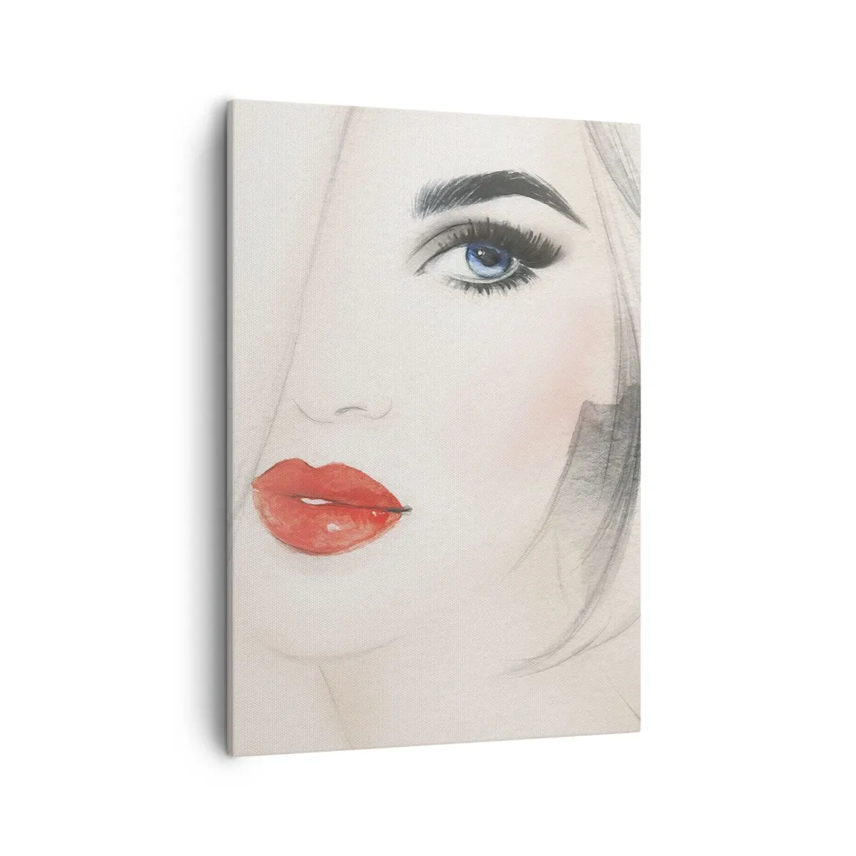 Bild auf Leinwand - Leinwandbild - Ein minimalistisches Porträt einer Frau mit blauen Augen und roten Lippen. - 50x70cm - Es hypnotisiert und berauscht - Moderne Wanddekoration für Wohnzimmer und Schlafzimmer ARTTOR