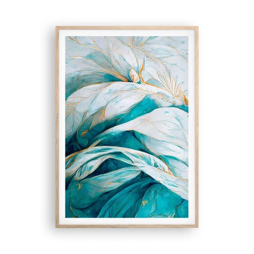 Poster in einem Rahmen aus heller Eiche - Blaue Abstraktion mit goldenem Motiv - 70x100 cm