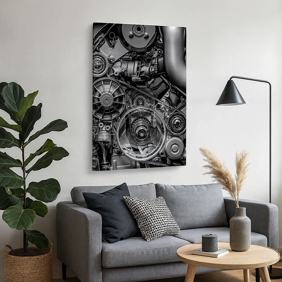 Bild auf Leinwand - Leinwandbild - Schwarz-Weiß-Nahaufnahme der mechanischen Details eines Automotors. - 50x70cm - Die Poesie der Mechanik - Moderne Wanddekoration für Wohnzimmer und Schlafzimmer ARTTOR