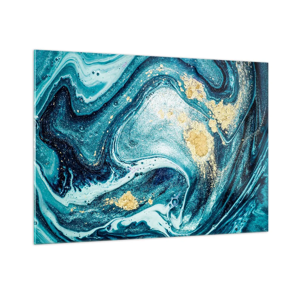 Glasbild - Bild auf glas - Abstrakte Wirbel in Türkis- und Goldtönen - 100x70cm - Blauer Wirbel - Moderne Wanddekoration für Wohnzimmer und Schlafzimmer ARTTOR