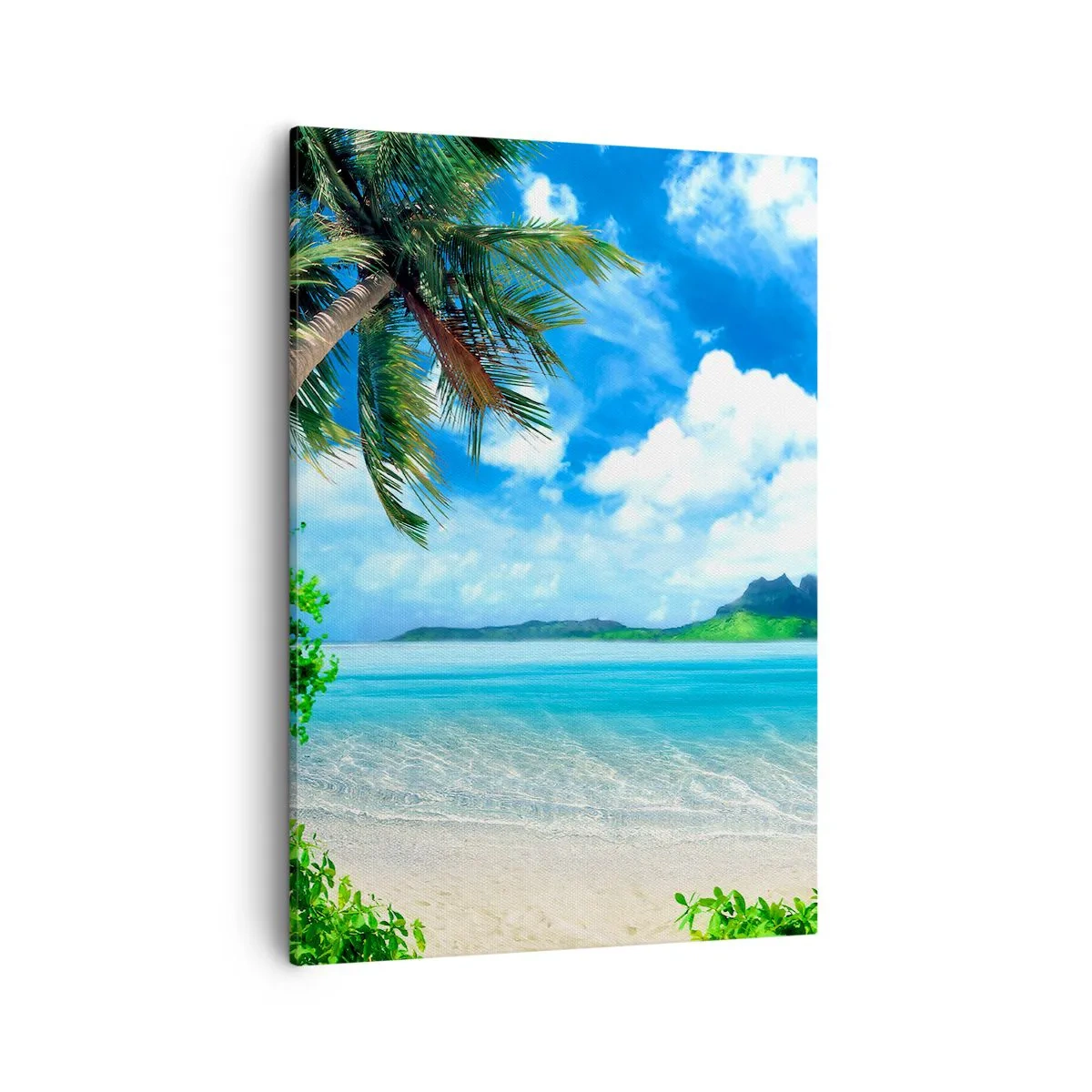 Bild auf Leinwand - Leinwandbild - Tropischer Strand mit Palmen und Blick auf die Insel - 50x70cm - Das Azurblau der Tropen - Moderne Wanddekoration für Wohnzimmer und Schlafzimmer ARTTOR