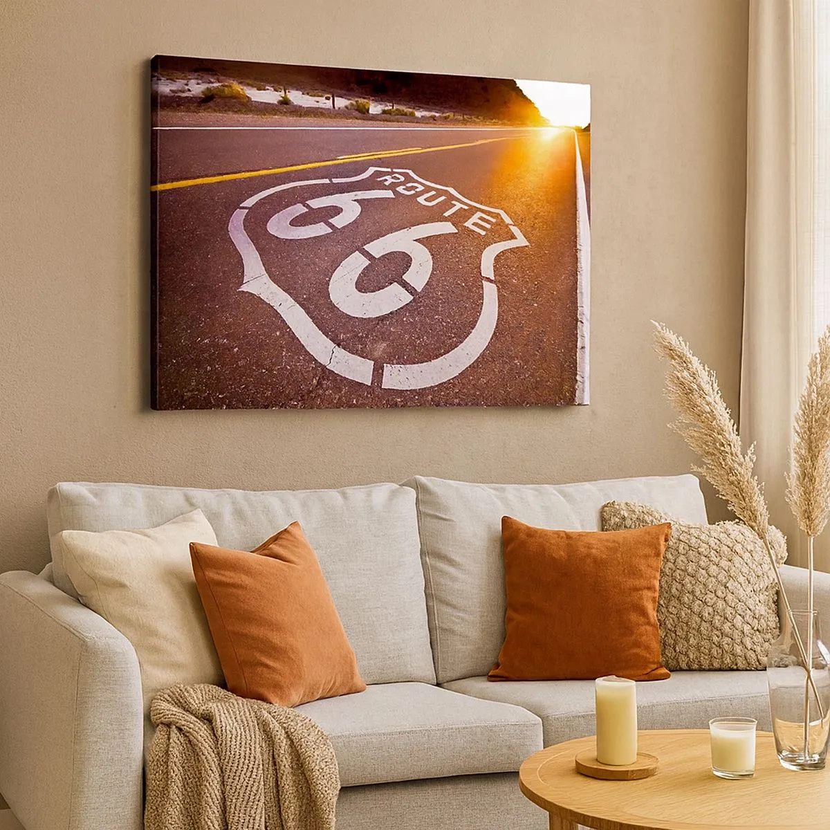 Bild auf Leinwand - Leinwandbild - Route 66 bei Sonnenuntergang - 70x50cm - Die berühmte Straße 66 - Moderne Wanddekoration für Wohnzimmer und Schlafzimmer ARTTOR