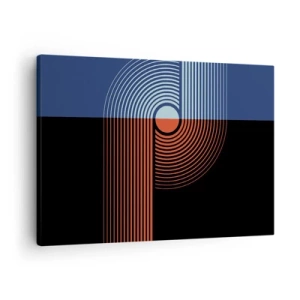 Bild auf Leinwand - Leinwandbild - Geometrische Abstraktion mit Linien in Marineblau und Orange. - 70x50cm - In einer geometrischen Umarmung - Moderne Wanddekoration für Wohnzimmer und Schlafzimmer ARTTOR