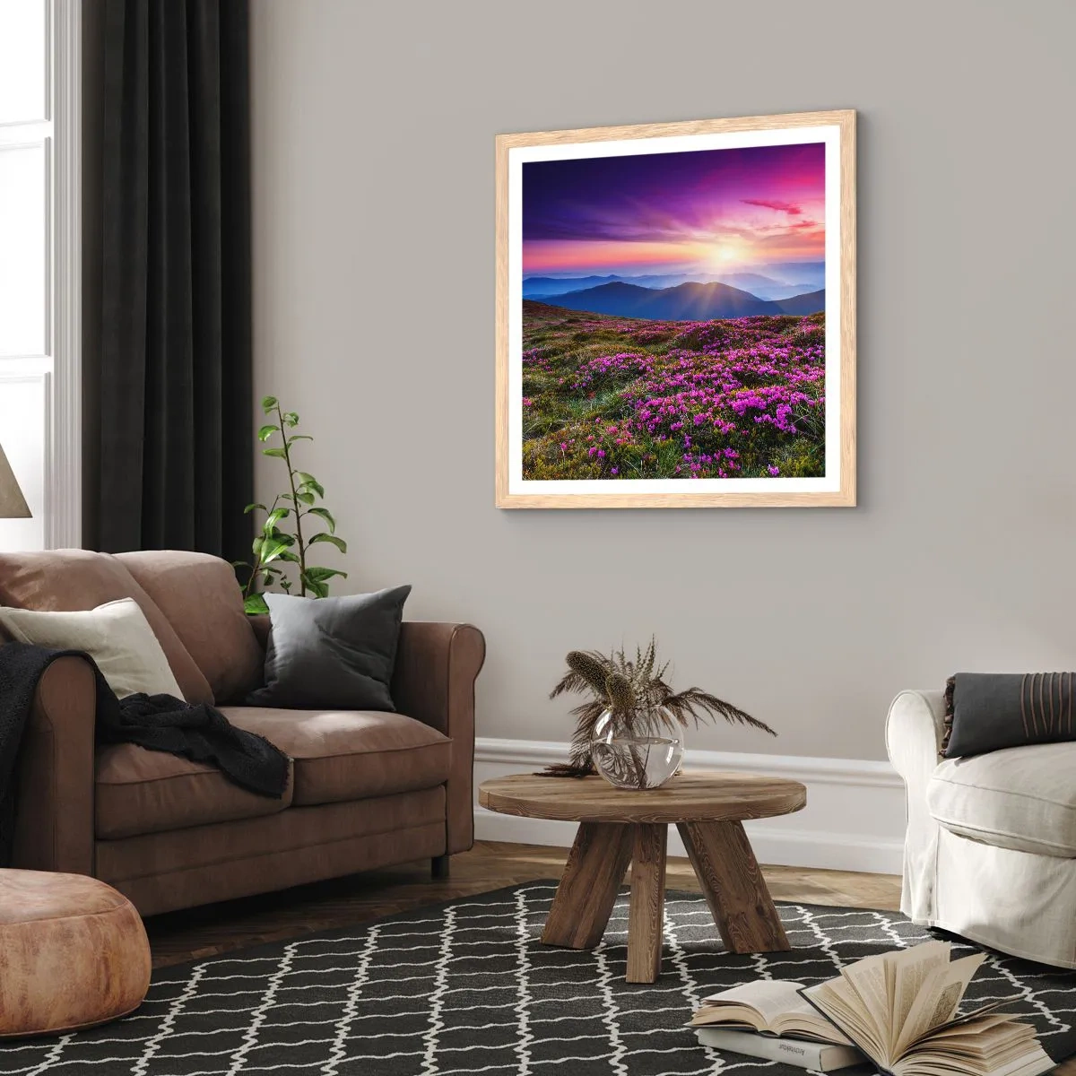 Poster in einem Rahmen aus heller Eiche - Kräuter dufteten nach frischen Trauben von den Feldern - 60x60 cm