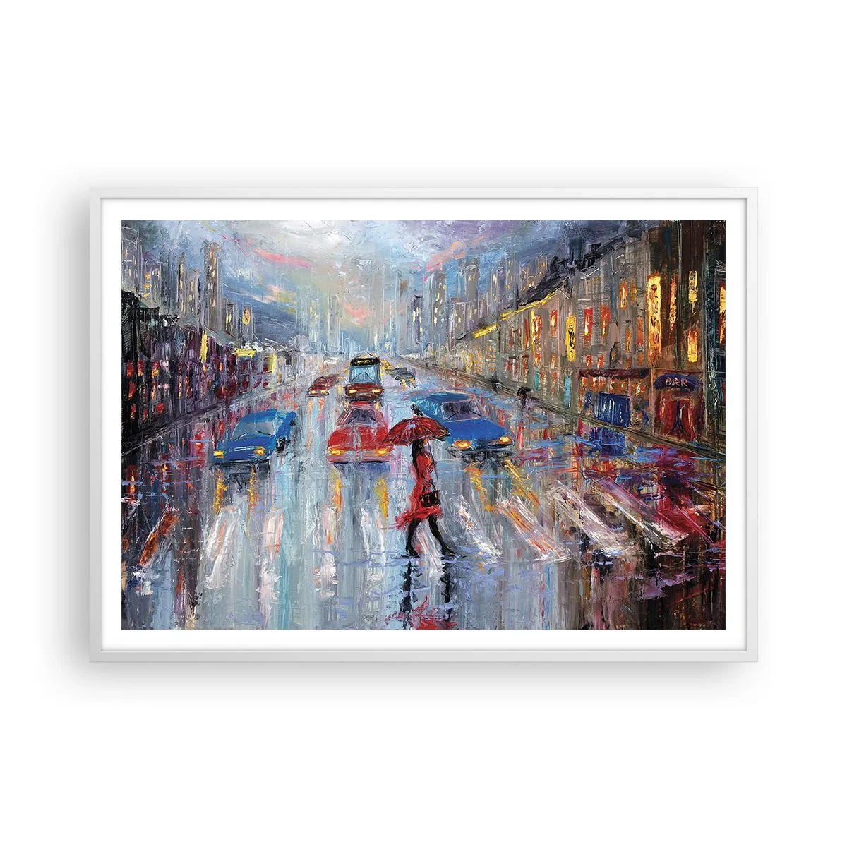 Poster in einem weißen Rahmen - Regnerischer Nachmittag in der Stadt - 100x70 cm