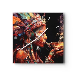 Wanduhr - Glasuhr - Eine farbenfrohe Figur im Ethno-Stil mit einer Tasse dampfenden Getränks - 30x30cm - Magisches Ritual - Moderne Wanddekoration für Wohnzimmer und Schlafzimmer ARTTOR