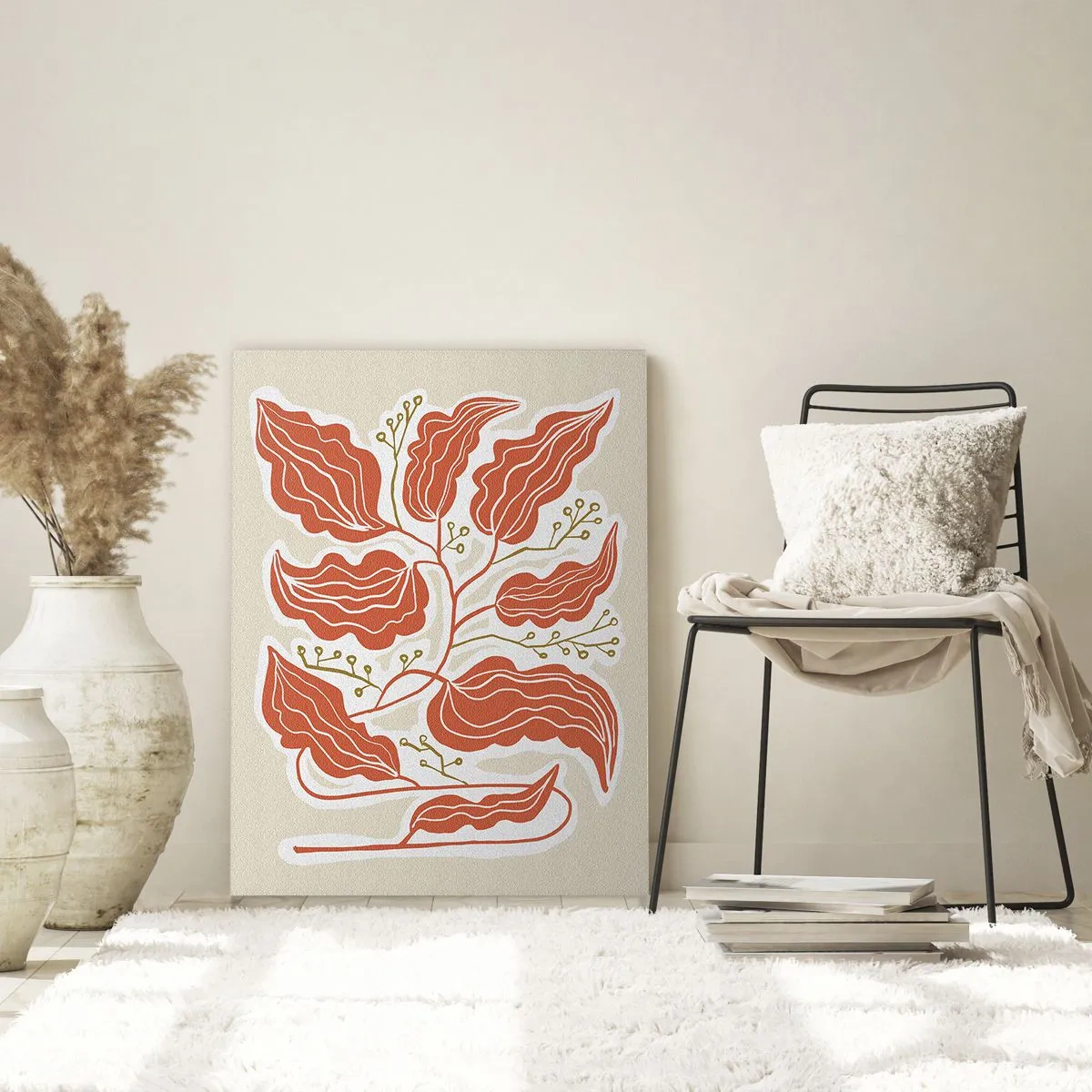 Glasbild - Bild auf glas - Ein minimalistisches Blattmotiv in Orange- und Grüntönen. - 80x120cm - Im Folkstil und korallenartig - Moderne Wanddekoration für Wohnzimmer und Schlafzimmer ARTTOR