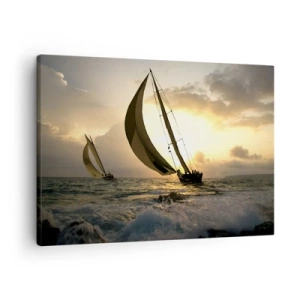 Bild auf Leinwand - Leinwandbild - Segelboote auf See bei Sonnenuntergang - 70x50cm - Mit dem Wind und gegen den Wind - Moderne Wanddekoration für Wohnzimmer und Schlafzimmer ARTTOR
