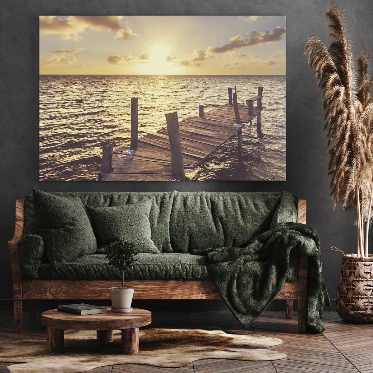 Bild auf Leinwand - Leinwandbild - Ein Holzsteg führt in Richtung Sonnenuntergang - 120x80cm - Das goldene Land der Sanftmut - Moderne Wanddekoration für Wohnzimmer und Schlafzimmer ARTTOR