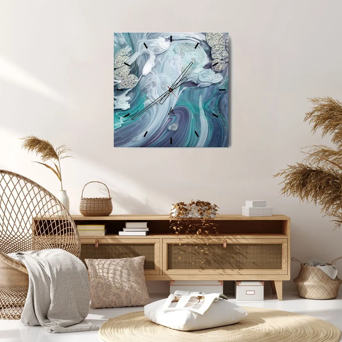 Wanduhr - Glasuhr - Abstrakte Wirbel in Blau- und Weißtönen - 30x30cm - Strömungen von Himmelblau - Moderne Wanddekoration für Wohnzimmer und Schlafzimmer ARTTOR