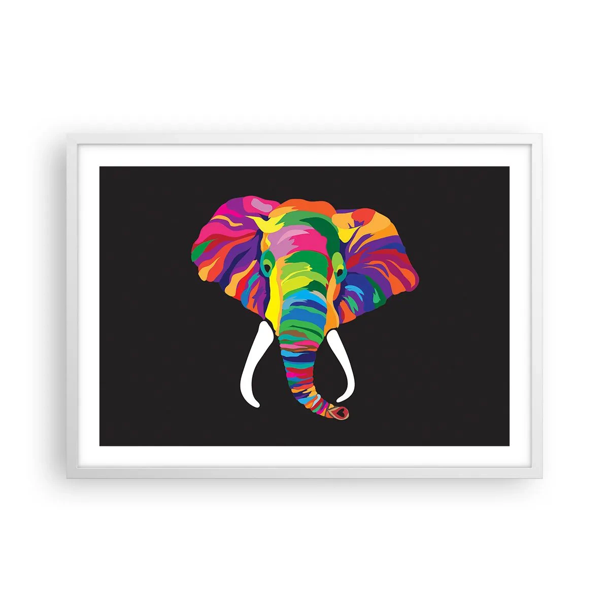 Poster in einem weißen Rahmen - Der Elefant, der es liebte, im Regenbogen zu baden - 70x50 cm