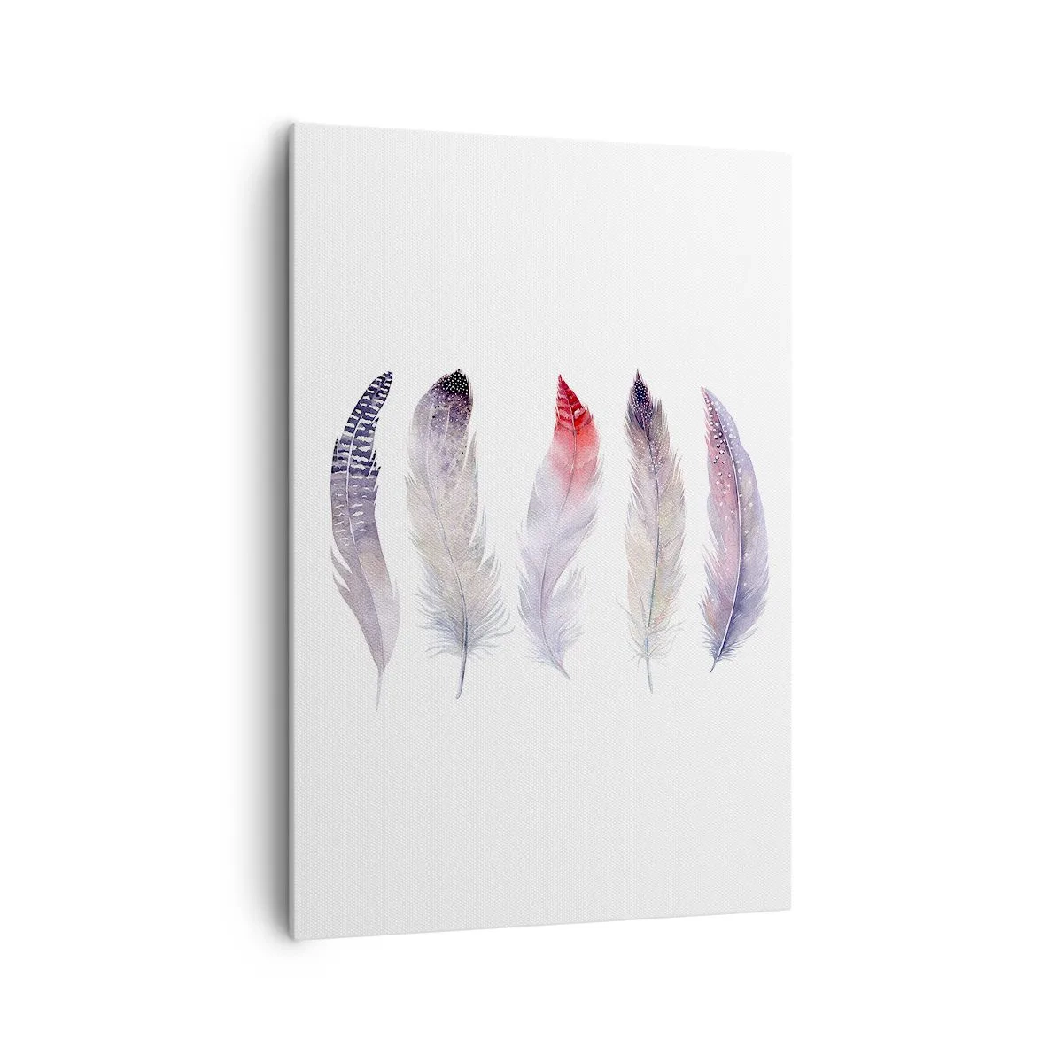 Bild auf Leinwand - Leinwandbild - Fünf zarte Federn in Pastelltönen auf hellem Untergrund - 70x100cm - Zart wie mehrfarbiger Nebel - Moderne Wanddekoration für Wohnzimmer und Schlafzimmer ARTTOR