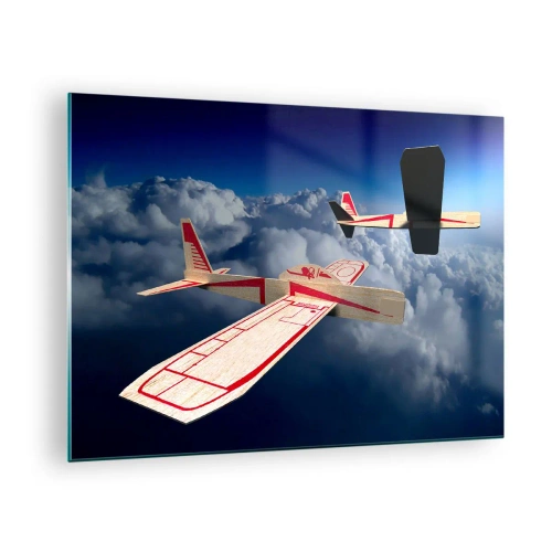 Glasbild - Bild auf glas - Modellflugzeuge gleiten in den Wolken - 70x50cm - Noch höher, noch weiter - Moderne Wanddekoration für Wohnzimmer und Schlafzimmer ARTTOR