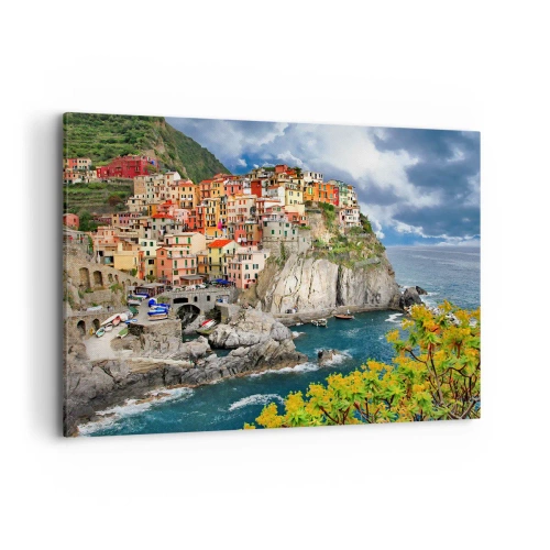 Bild auf Leinwand - Leinwandbild - Bunte Häuser auf einer Klippe mit Blick auf das Meer in Cinque Terre - 120x80cm - Eine Gruppe umarmt die Felsen - Moderne Wanddekoration für Wohnzimmer und Schlafzimmer ARTTOR