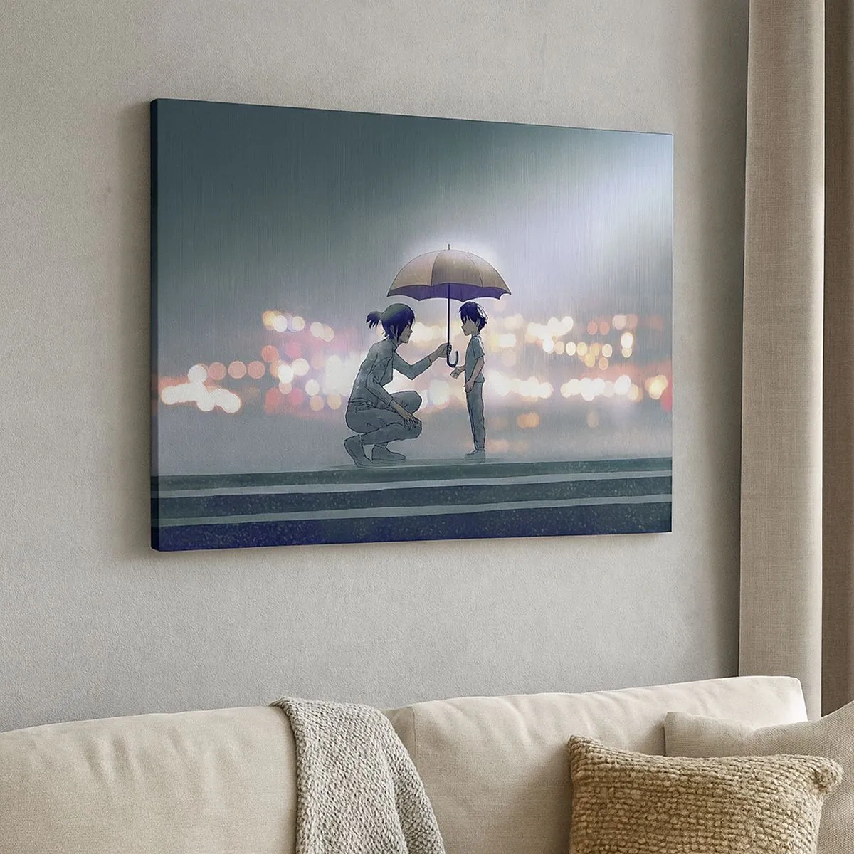 Bild auf Leinwand - Leinwandbild - Eine Figur mit einem Regenschirm schützt ein Kind vor dem Hintergrund nächtlicher Lichter. - 70x50cm - Und jetzt ist alles in Ordnung - Moderne Wanddekoration für Wohnzimmer und Schlafzimmer ARTTOR