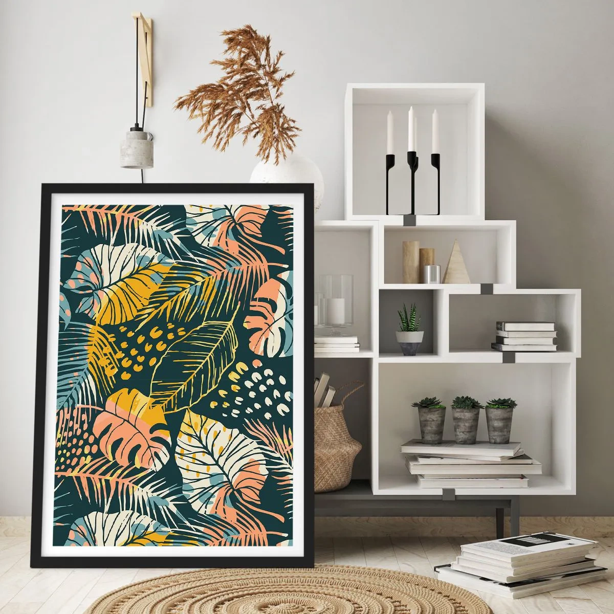 Poster in einem schwarzem Rahmen - Ein farbenfrohes tropisches Blattmuster in Grün-, Gelb- und Rosatönen. - 50x70cm - Grüne Fantasie - Moderne Wanddekoration für Wohnzimmer und Schlafzimmer ARTTOR