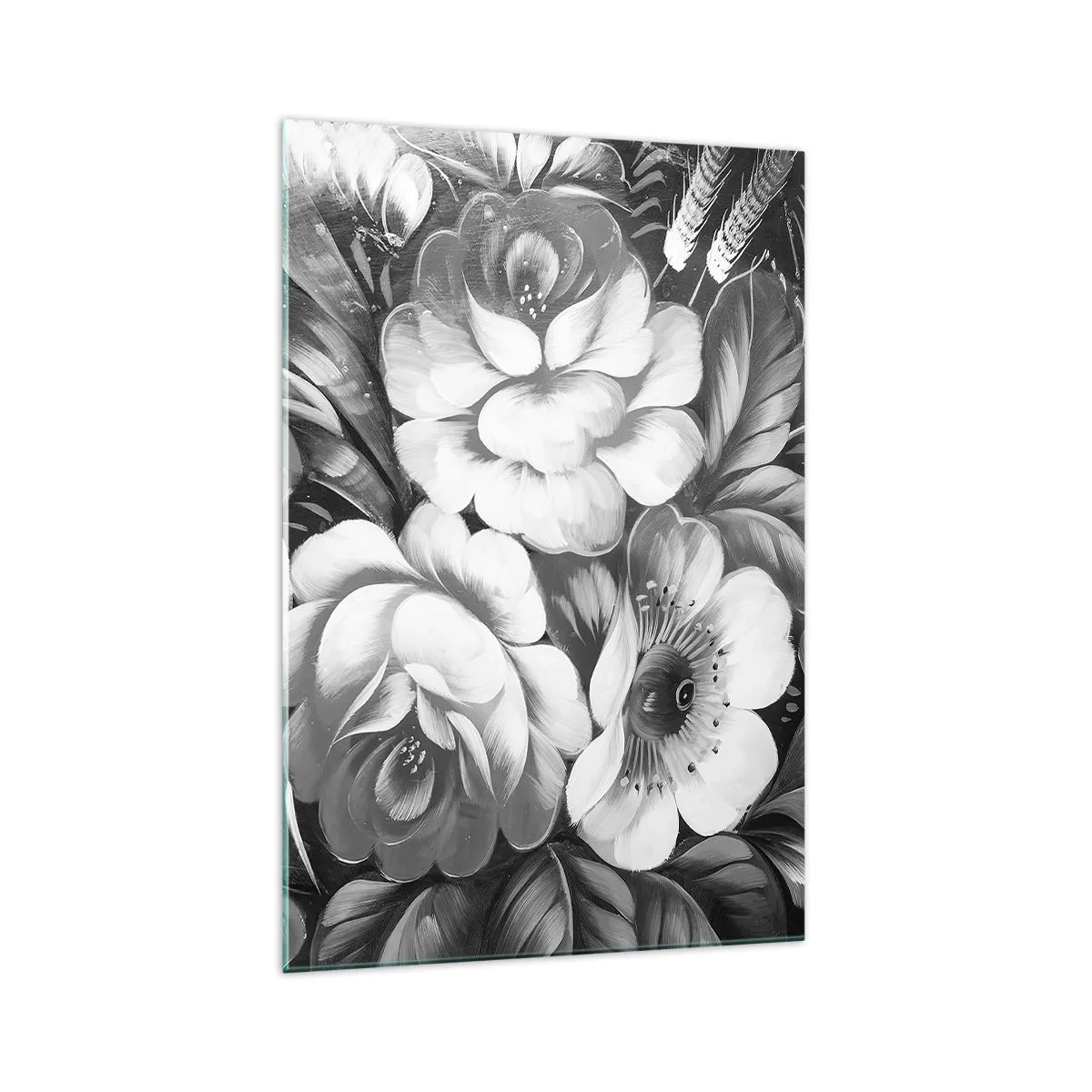 Glasbild - Bild auf glas - Schwarze und weiße Blumen in einer klassischen und eleganten Komposition - 70x100cm - Schön auch in Grau - Moderne Wanddekoration für Wohnzimmer und Schlafzimmer ARTTOR