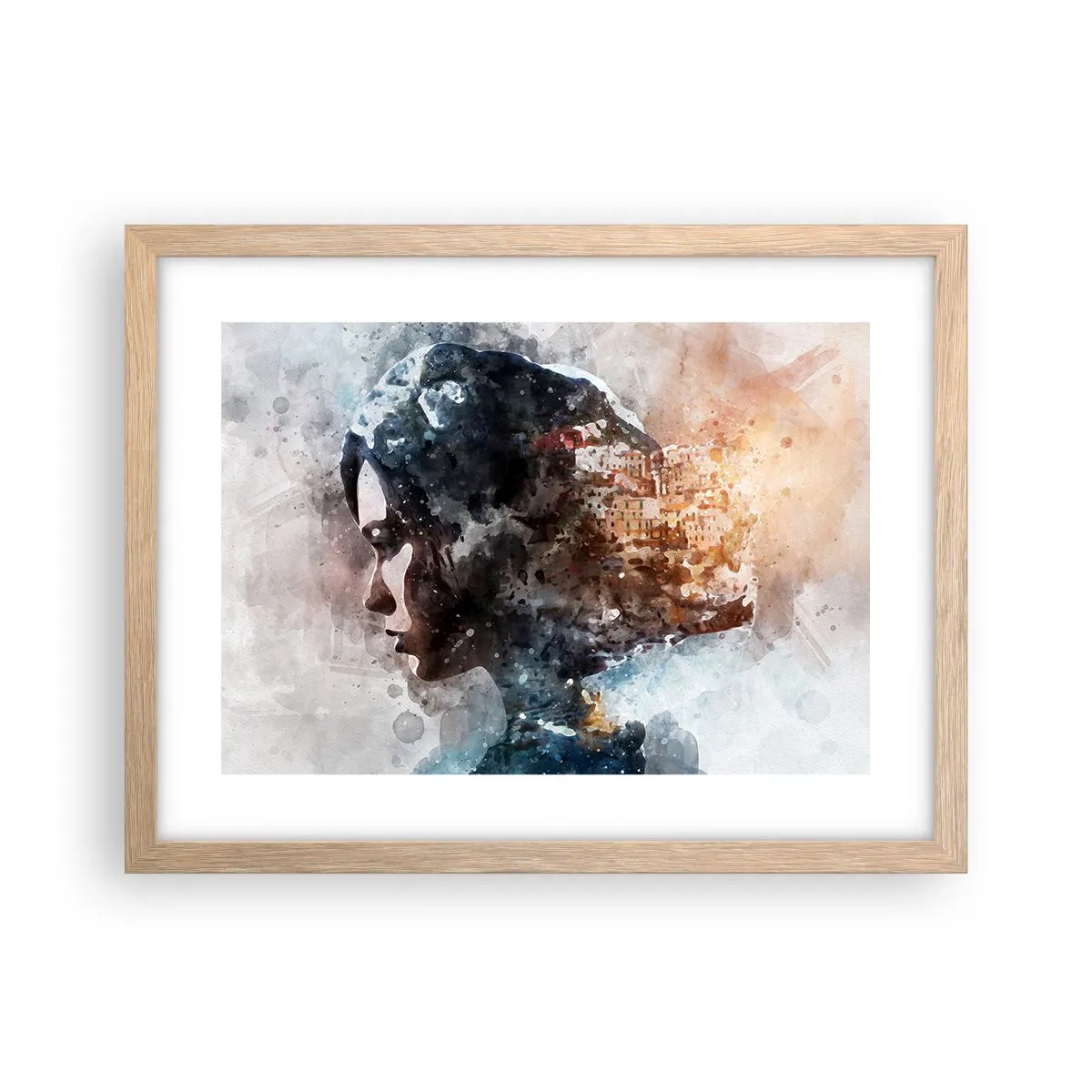 Poster in einem Rahmen aus heller Eiche - Eine Geschichte über ein Mädchen mit einer Stadt im Hintergrund - 40x30 cm