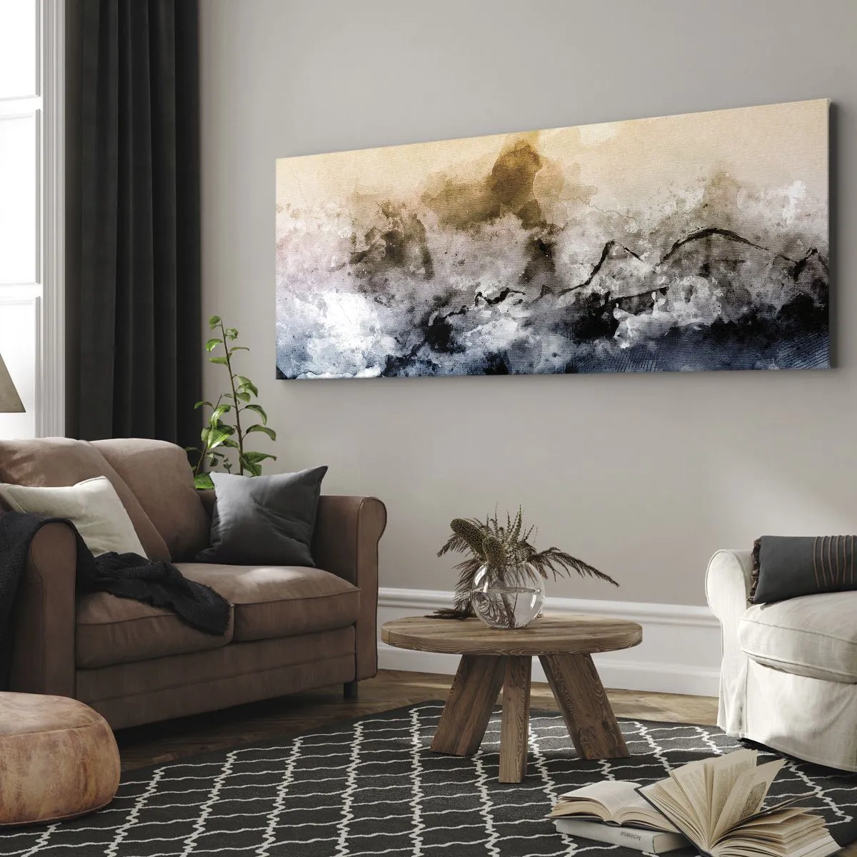 Bild auf Leinwand - Leinwandbild - Abstrakte Landschaft mit Nebel und dezenten Farben - 120x50cm - In einer Nebelwolke ertrunken - Moderne Wanddekoration für Wohnzimmer und Schlafzimmer ARTTOR