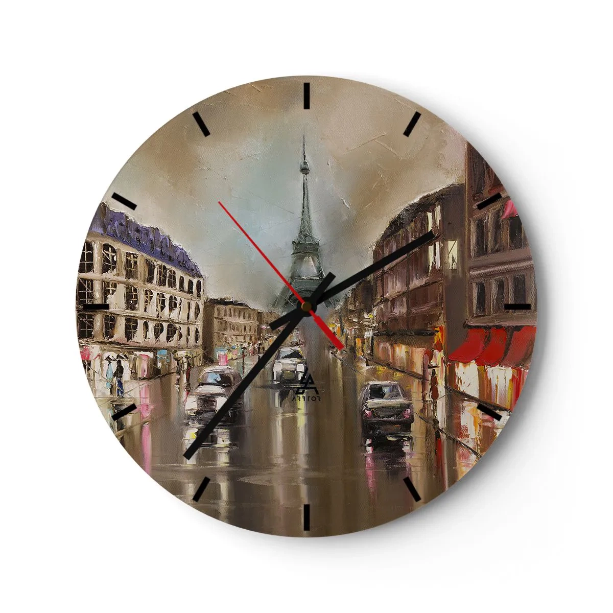Wanduhr - Glasuhr - Der Eiffelturm, umgeben von einer Pariser Straße im Regen - 30x30cm - Nur sie zählt - Moderne Wanddekoration für Wohnzimmer, Küche und Schlafzimmer ARTTOR
