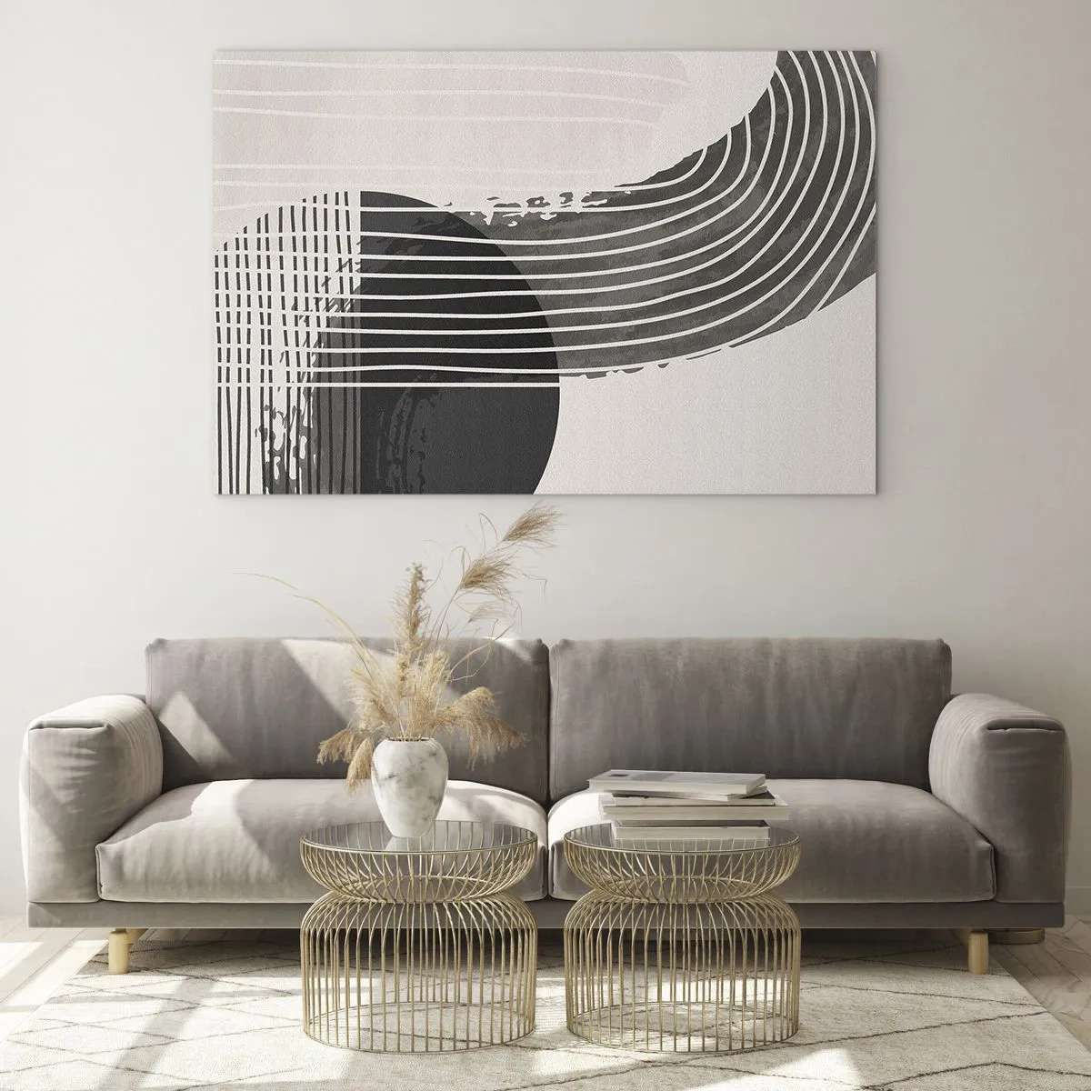 Glasbild - Bild auf glas - Schwarz-Weiß-Abstraktion mit Linien und geometrischen Formen - 70x50cm - Hin und zurück - Moderne Wanddekoration für Wohnzimmer und Schlafzimmer ARTTOR