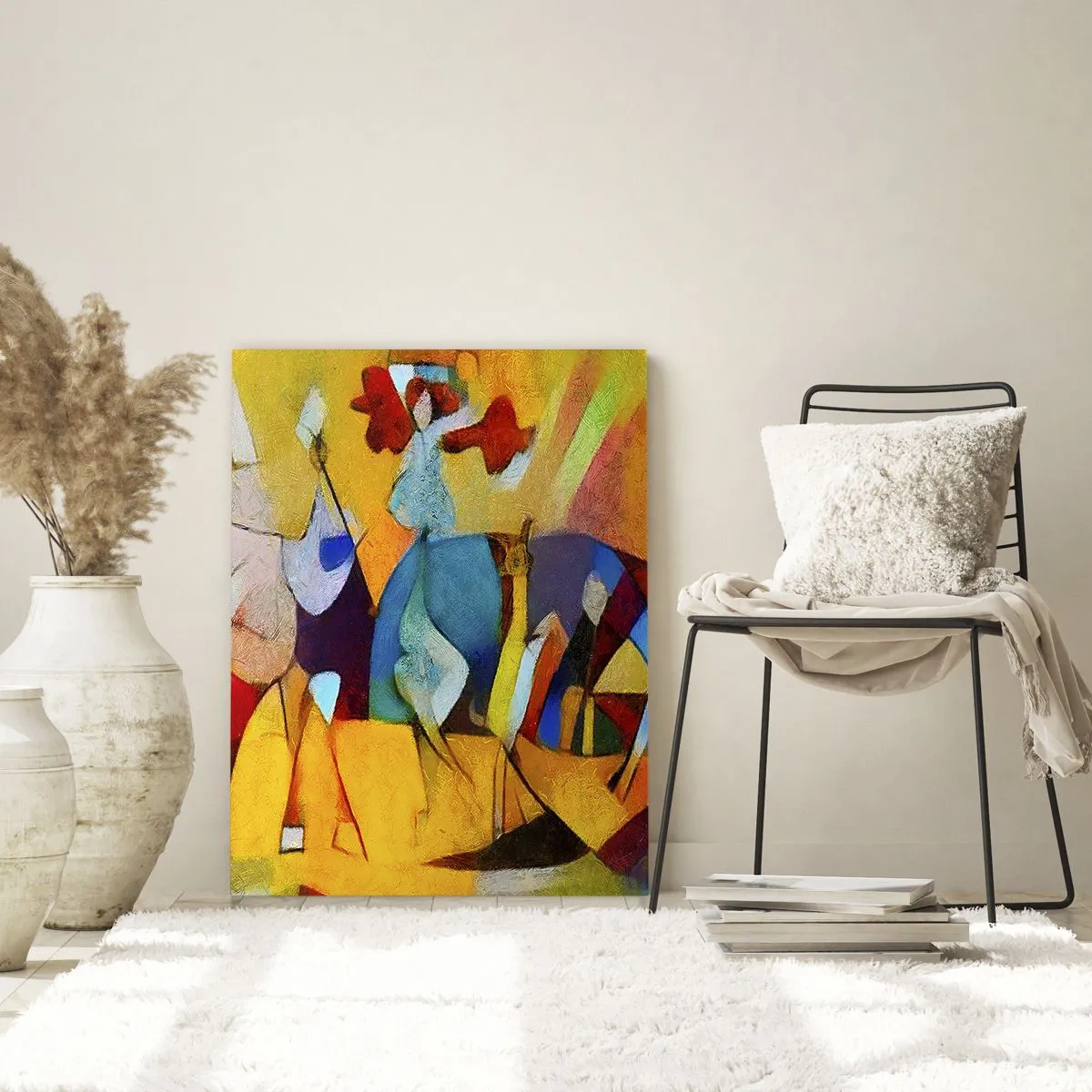 Glasbild - Bild auf glas - Eine farbenfrohe Abstraktion, die Figuren in geometrischer Form darstellt - 70x100cm - Sonne - Leben - Freude - Moderne Wanddekoration für Wohnzimmer und Schlafzimmer ARTTOR
