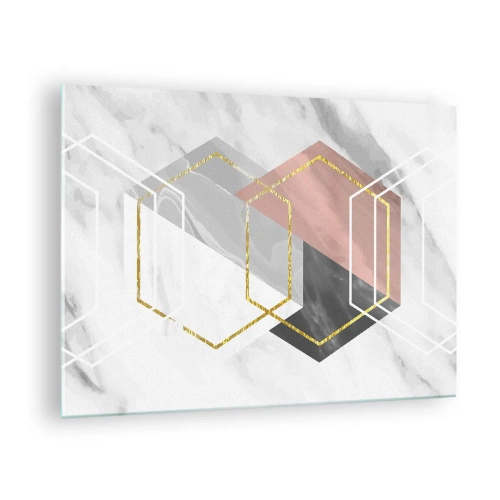 Glasbild - Bild auf glas - Goldene geometrische Formen auf Marmorhintergrund - 70x50cm - Kettenkomposition - Moderne Wanddekoration für Wohnzimmer und Schlafzimmer ARTTOR