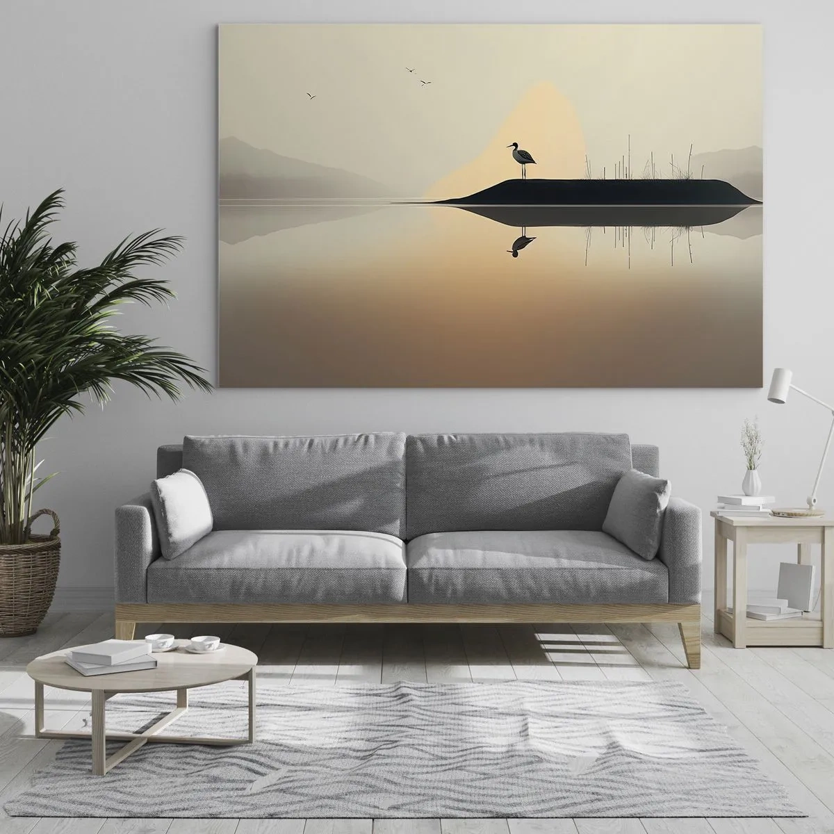 Glasbild - Bild auf glas - Ein Reiher steht auf einer Insel im ruhigen Wasser eines Sees - 70x50cm - Herr am See - Moderne Wanddekoration für Wohnzimmer und Schlafzimmer ARTTOR