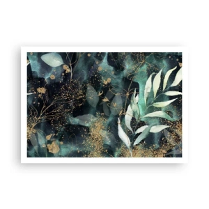Poster - Elegante Blätter auf dunklem Hintergrund mit goldenen Akzenten - 100x70cm - Zaubergarten - Moderne Wanddekoration für Wohnzimmer und Schlafzimmer ARTTOR