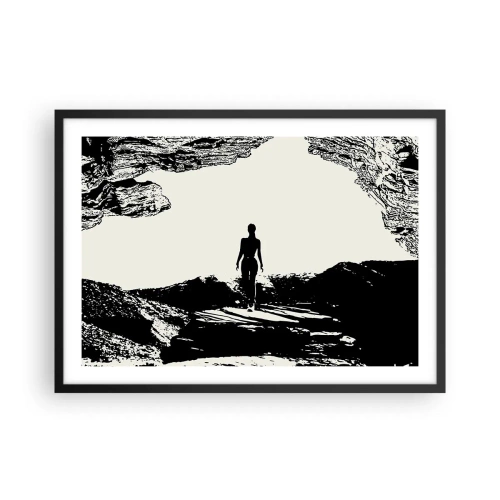 Poster in einem schwarzem Rahmen - Schwarz-weiße Silhouette einer Frau in einer Höhle gegen den Himmel - 70x50cm - Neuer Blick - Moderne Wanddekoration für Wohnzimmer und Schlafzimmer ARTTOR