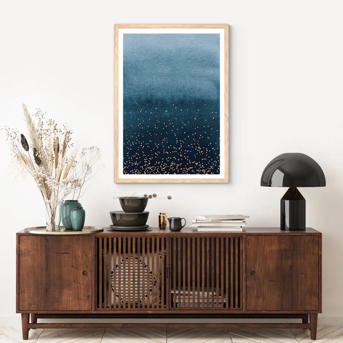 Poster in einem Rahmen aus heller Eiche - Komposition - blaue Phasen - 40x50 cm