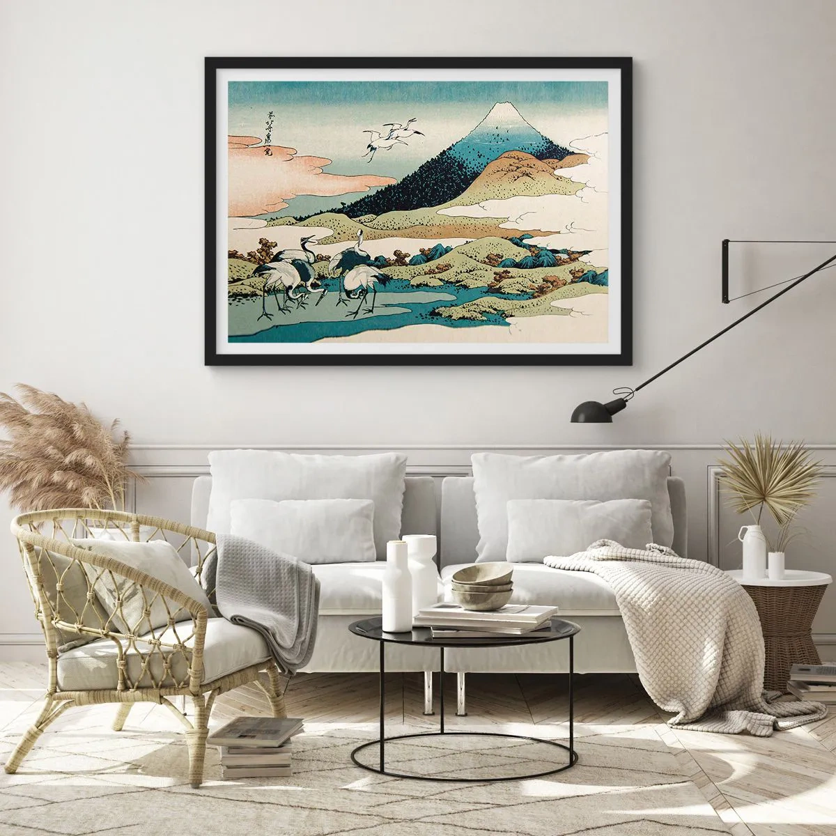 Poster in einem schwarzem Rahmen - Traditionelle japanische Grafik mit Bergen und Kranichen - 70x50cm - Im japanischen Geist - Moderne Wanddekoration für Wohnzimmer und Schlafzimmer ARTTOR