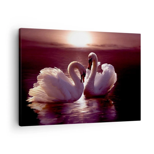Bild auf Leinwand - Leinwandbild - Zwei Schwäne auf einem ruhigen See bei Sonnenuntergang - 70x50cm - Bis der Tod uns scheidet - Moderne Wanddekoration für Wohnzimmer und Schlafzimmer ARTTOR