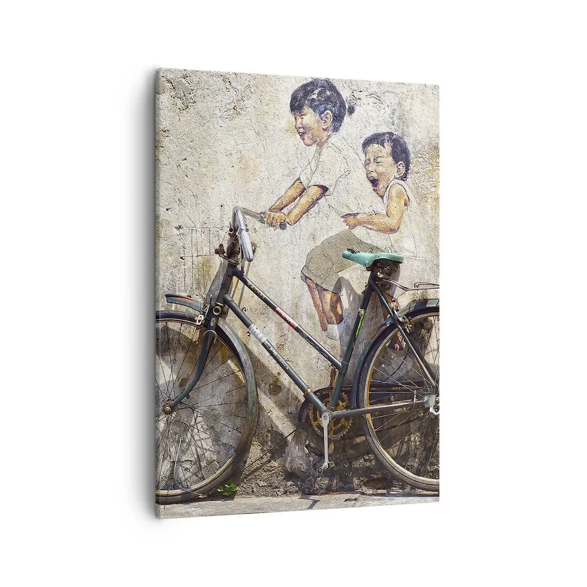 Bild auf Leinwand - Leinwandbild - Streetart mit Fahrrad und Kinderzeichnungen an der Wand - 50x70cm - Richtig oder falsch? - Moderne Wanddekoration für Wohnzimmer und Schlafzimmer ARTTOR