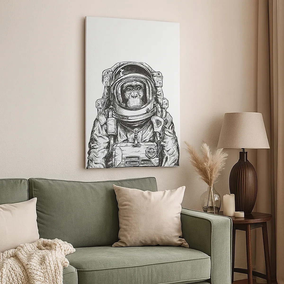 Bild auf Leinwand - Leinwandbild - Grafik eines Astronauten im Raumanzug mit Affenkopf - 50x70cm - Alternative Evolution - Moderne Wanddekoration für Wohnzimmer und Schlafzimmer ARTTOR