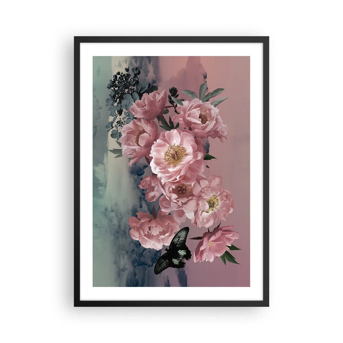 Poster in einem schwarzem Rahmen - Eine romantische Komposition aus Blumen und einem Schmetterling in Pastellfarben. - 50x70cm - Der Höhepunkt der Romantik - Moderne Wanddekoration für Wohnzimmer und Schlafzimmer ARTTOR